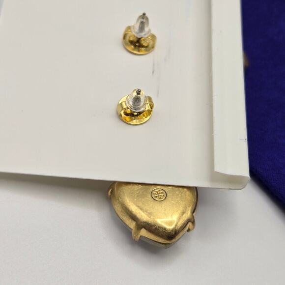 NEW Tory Burch Roxanne Czech Stone Heart Drop Earrings Bold Gold Logo Statement - Picture 6 of 7